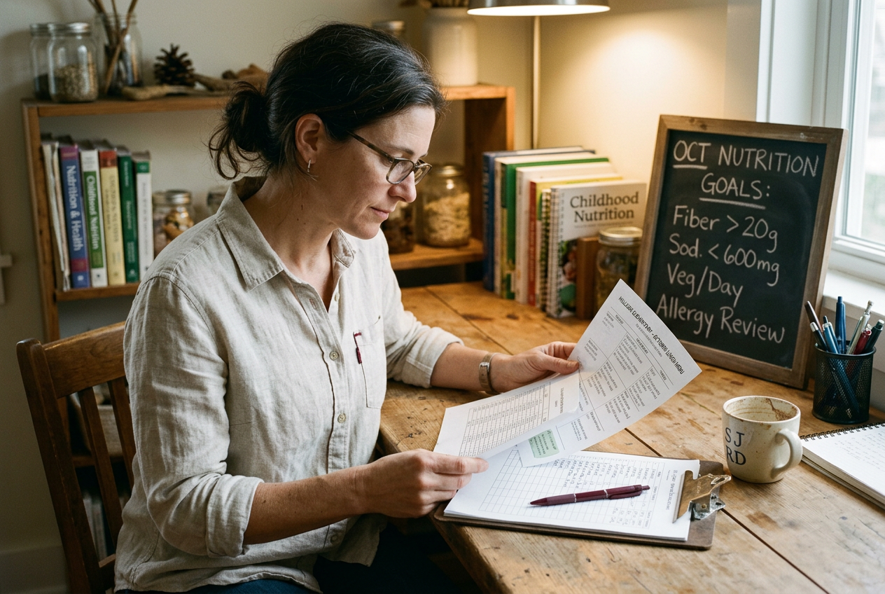 A registered dietitian reviews printed nutrition records at a wooden desk, with a chalkboard listing monthly nutrition goals and a shelf of childhood nutrition reference books behind her.